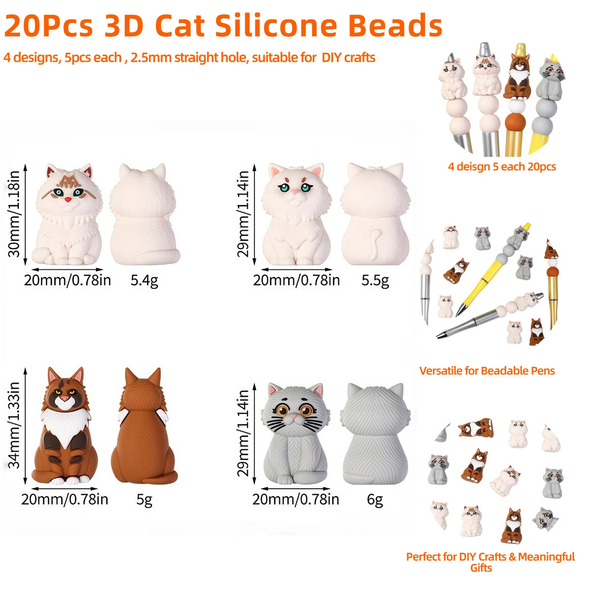 20Pcs Cartoon 3D Cat Silicone Beads – Persian, Maine Coon, British Shorthair & Siberian Focal Beads for DIY Jewelry, Bracelet, Keychain & Pen Charms