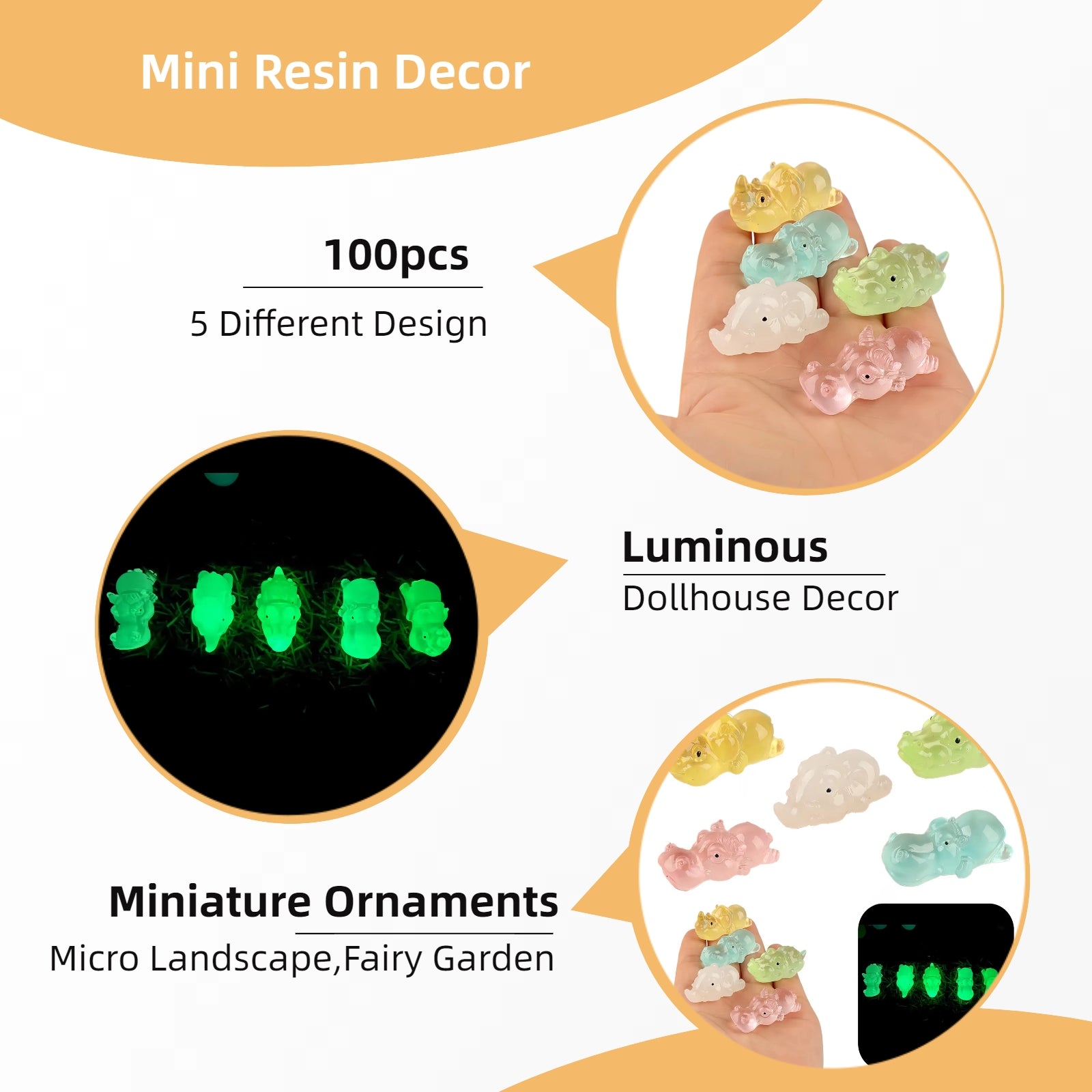 100PCS Glow-in-The-Dark Mini Resin Animals - Luminous Crocodile, Hippo, Cattle, Rhinoceros & Elephant Figurines