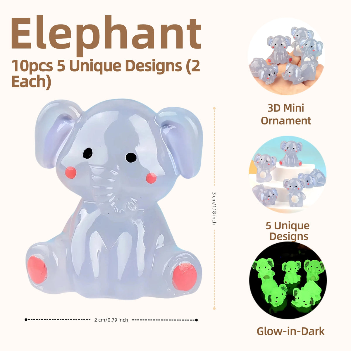 10pcs Glow in the Dark 3D Elephant Resin Animal Figurines