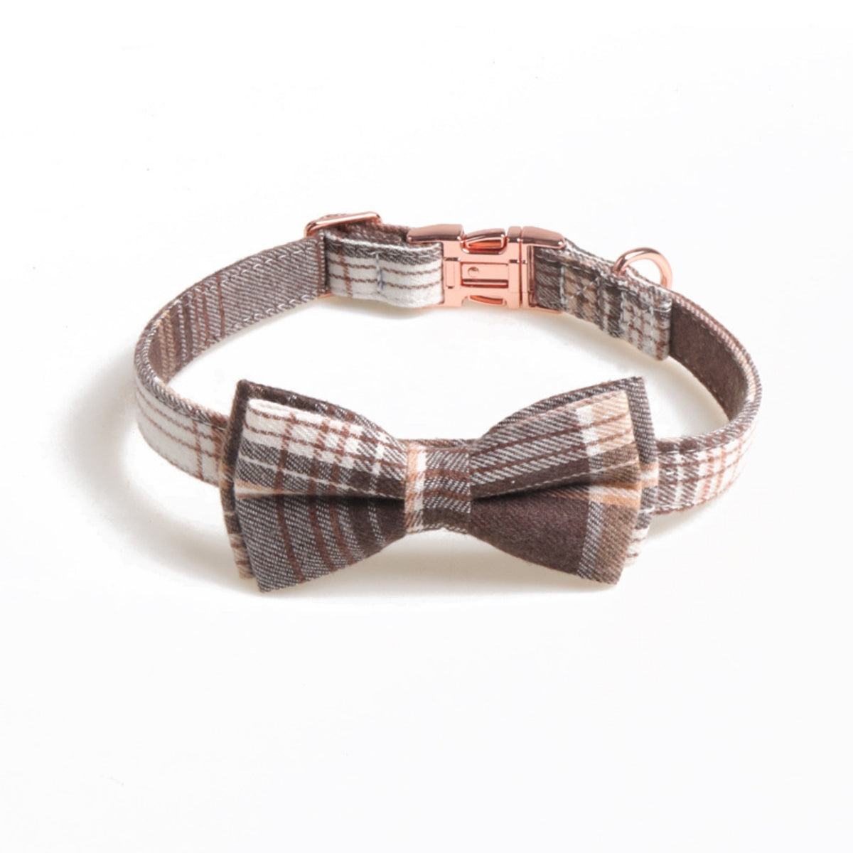 1PCS Cotton Plaid Bow Tie Dog Collar – Hand-Sewn with Rose Gold Quick-Release Buckle, Adjustable for Small Medium Large Dogs