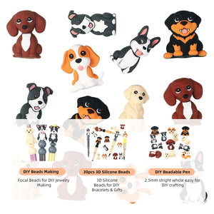 3D dog silicone beads decorated on beadable pen showing perfect fit for standard pen rods