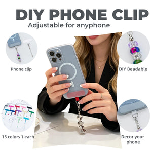 Beadable phone lanyard clip decorated with colorful beads and charms strung on the metal bar