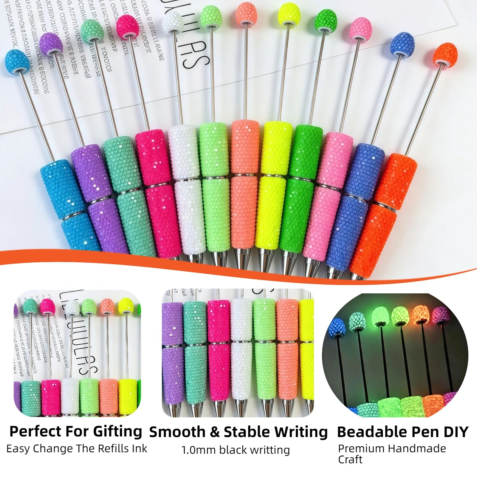 close up of glossy jelly finish on fluorescent rhinestone pen showing smooth texture and vibrant colors