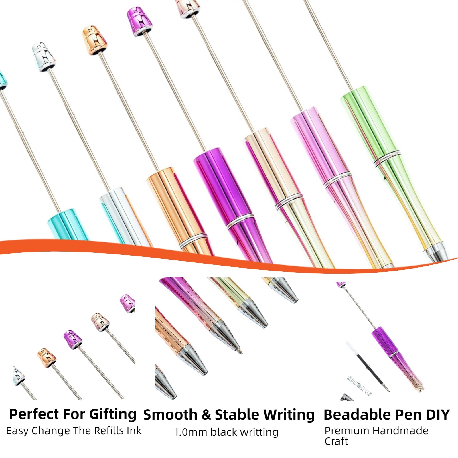 assorted vibrant UV plated beadable pens in multiple colors with premium gloss finish for DIY crafts