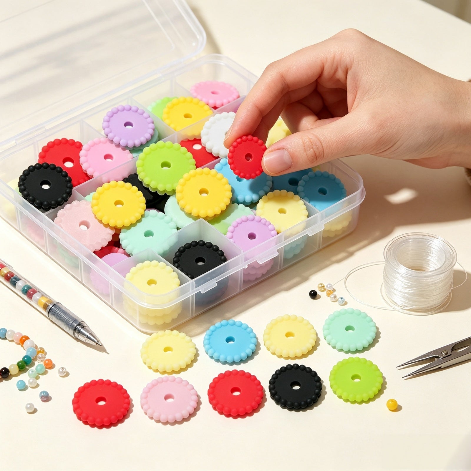 colorful silicone spacer beads on DIY keychain project