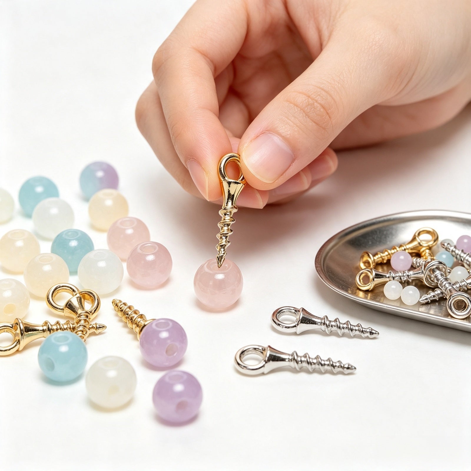 colorful screw eye pins in gold, silver, bronze, and copper tones for craft accessories