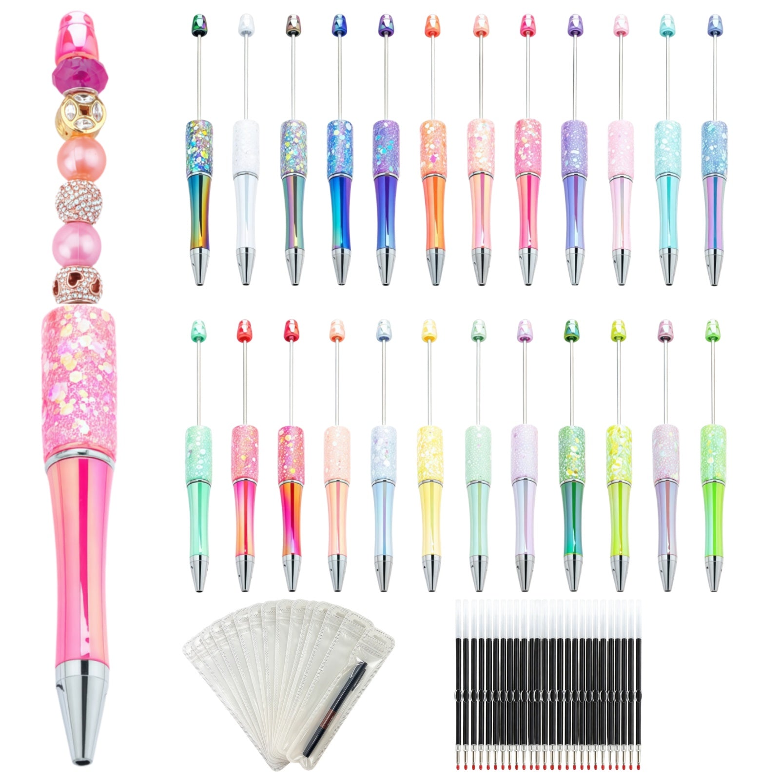 75-piece UV plated glitter gradient beadable pens set with 25 sequins pens, 25 refills and 25 storage bags complete set
