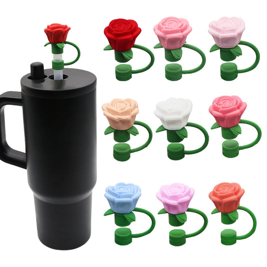 1pcs 10mm 3D Rose Flower Silicone Cup Straw Cover Topper