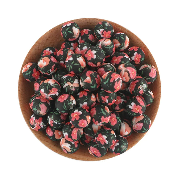 10pcs Camellia Printed Silicone Beads