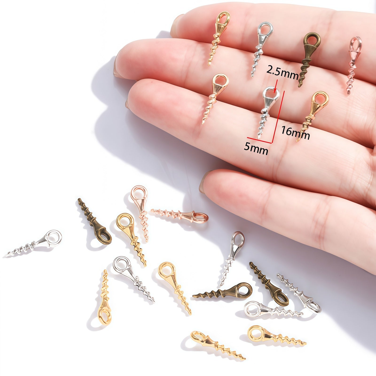 7 assorted colors of screw eye pins for beading and jewelry making projects
