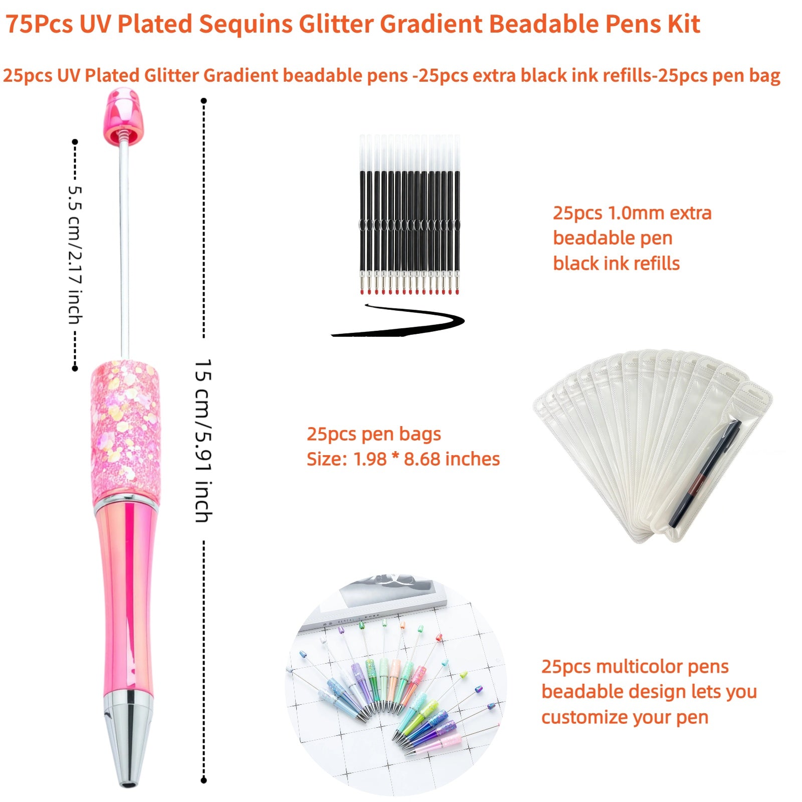 close up of UV plated high-gloss mirror finish on glitter gradient pen showing premium shiny coating