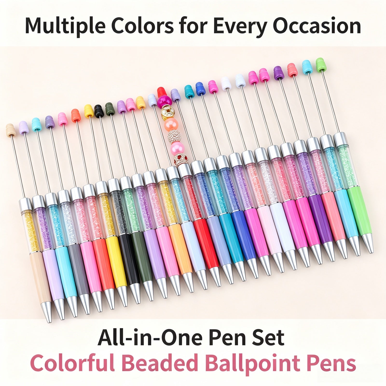 DIY craft project filling hollow barrel pen with colorful beads and charms for custom design