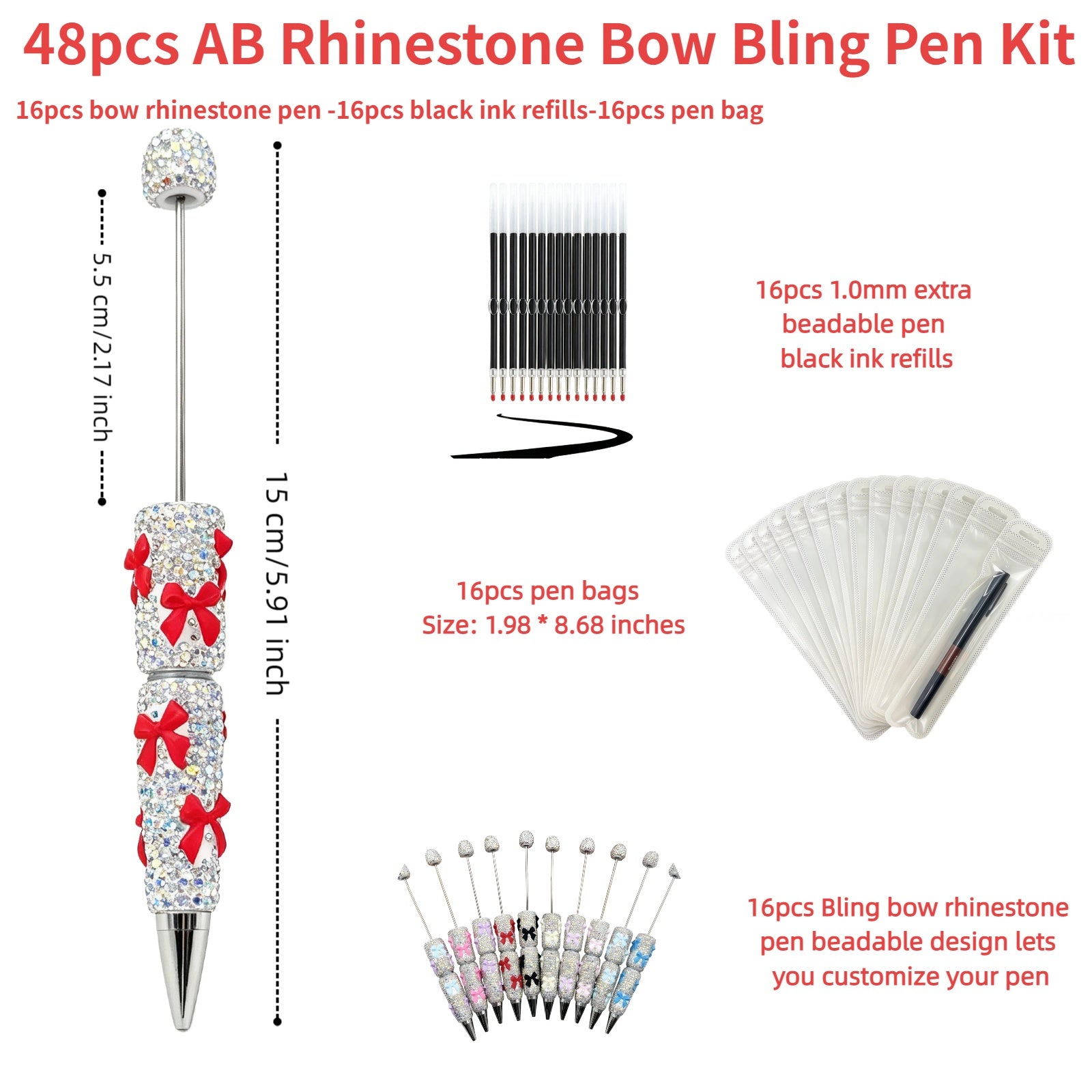 close up of AB rhinestone bow decoration on multicolor sparkle pen showing rainbow iridescent shine