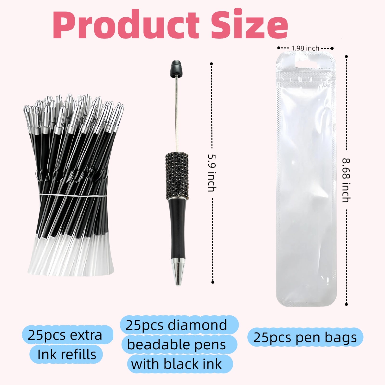 close-up of plastic beadable pen with diamond rhinestone design showing hollow barrel for DIY customization
