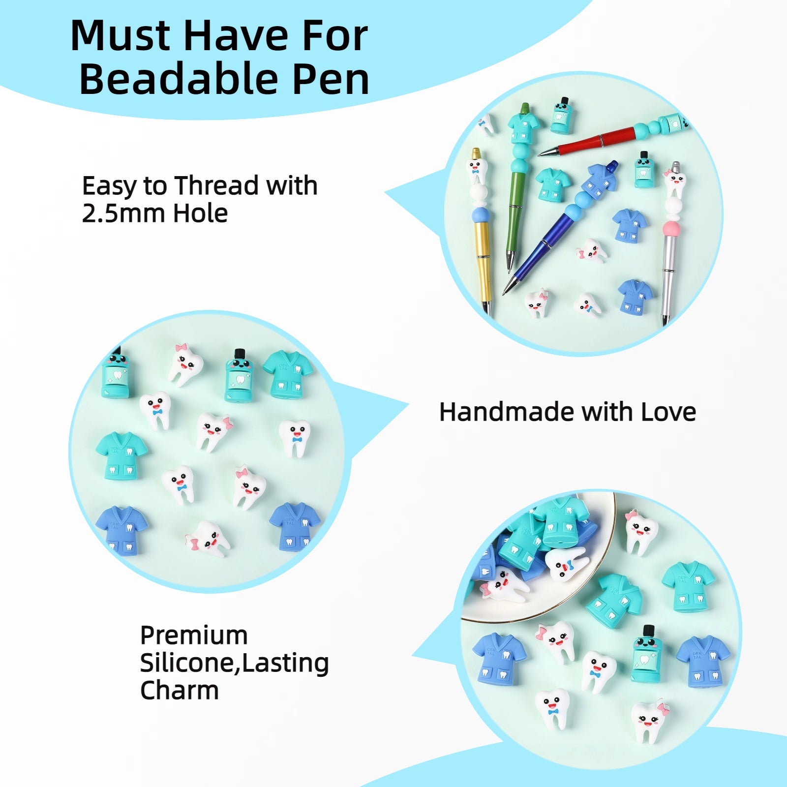 cartoon 3D tooth silicone beads showing detailed dental theme design from multiple angles