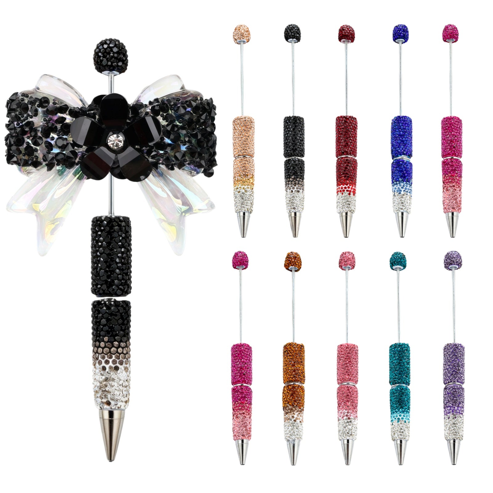 30-piece glitter gradient beadable pen kit with rhinestone pens black refills and storage bags complete set