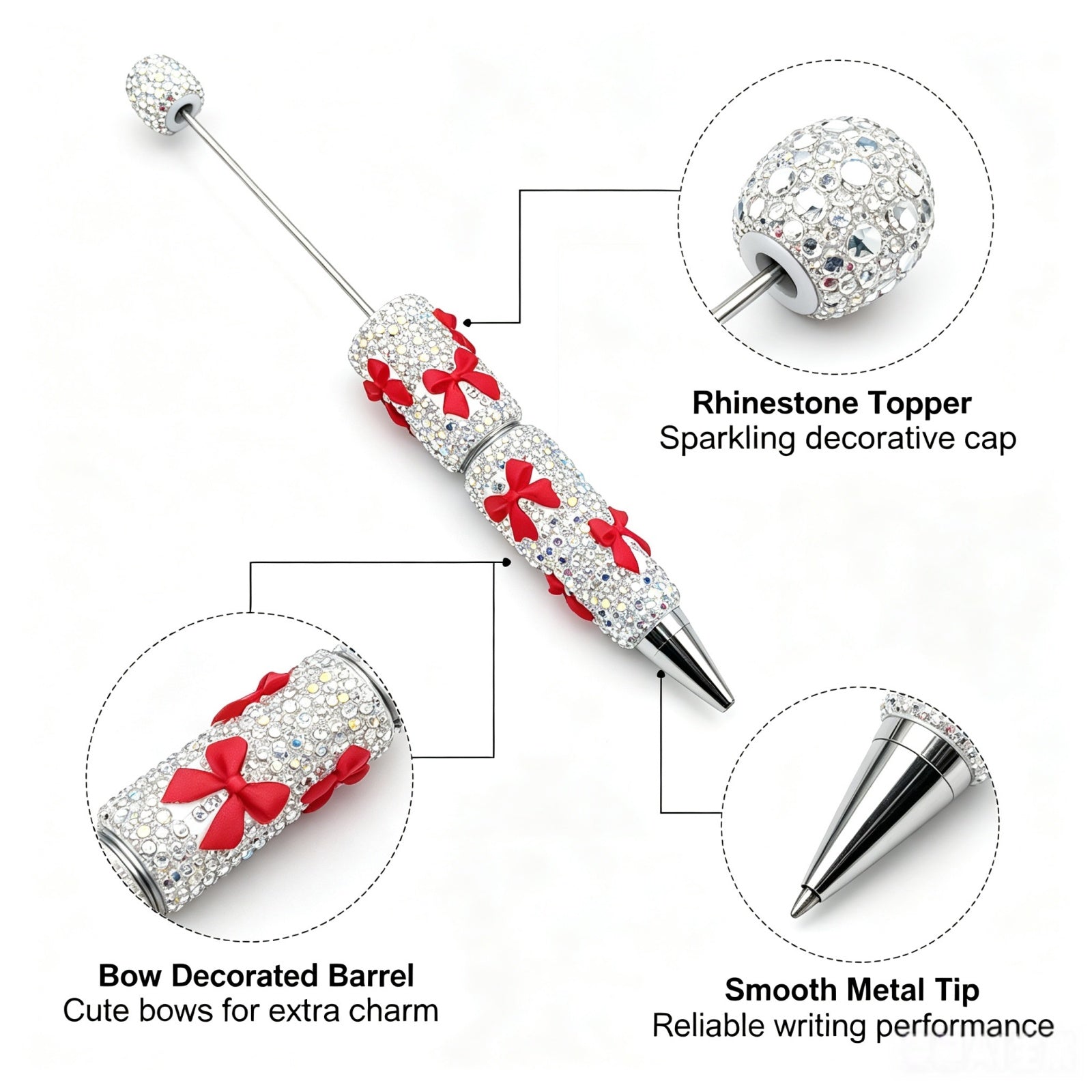 colorful AB rhinestone bow pen with sparkle design and hollow beadable barrel for DIY customization