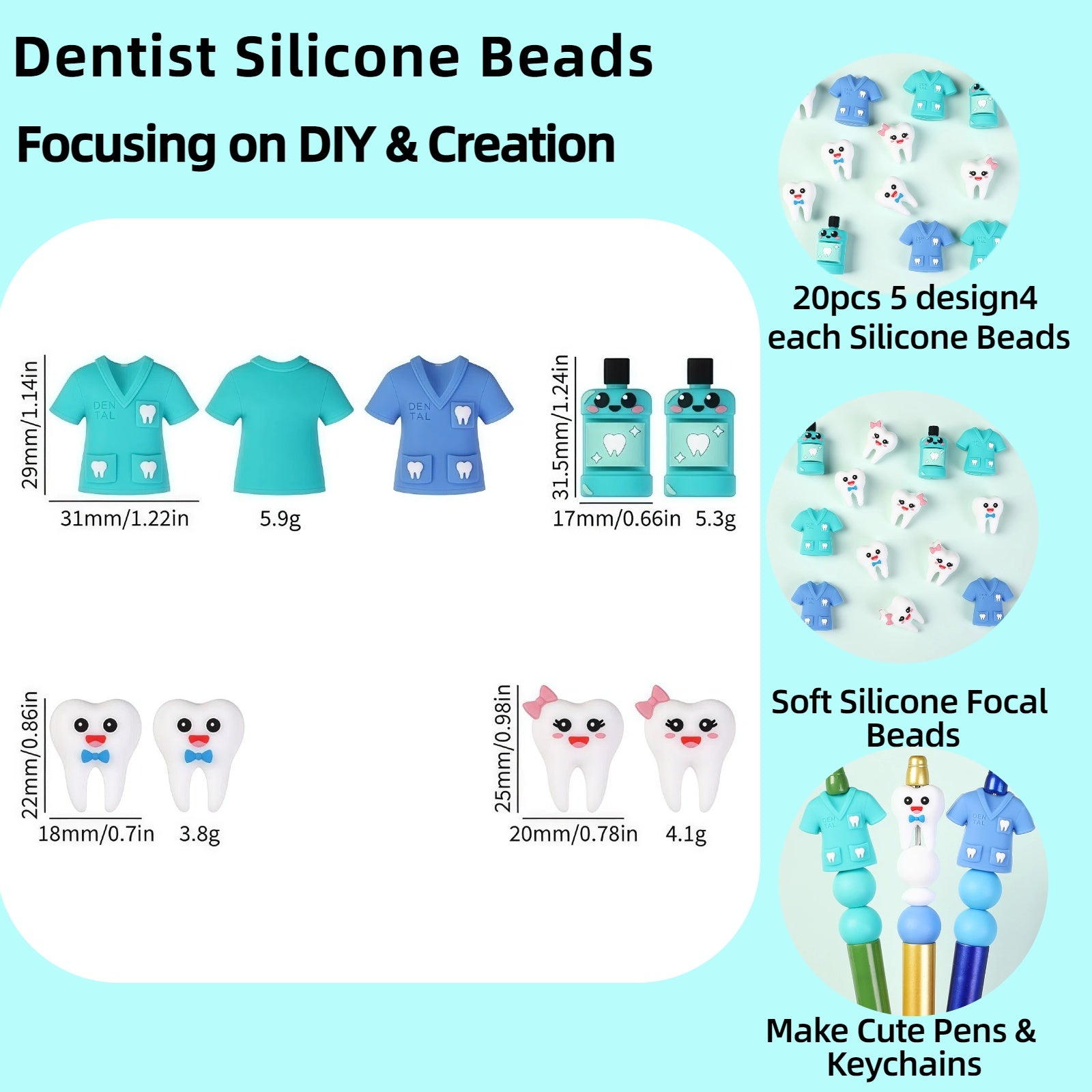 close-up of 3D tooth shaped silicone bead with straight hole for stringing