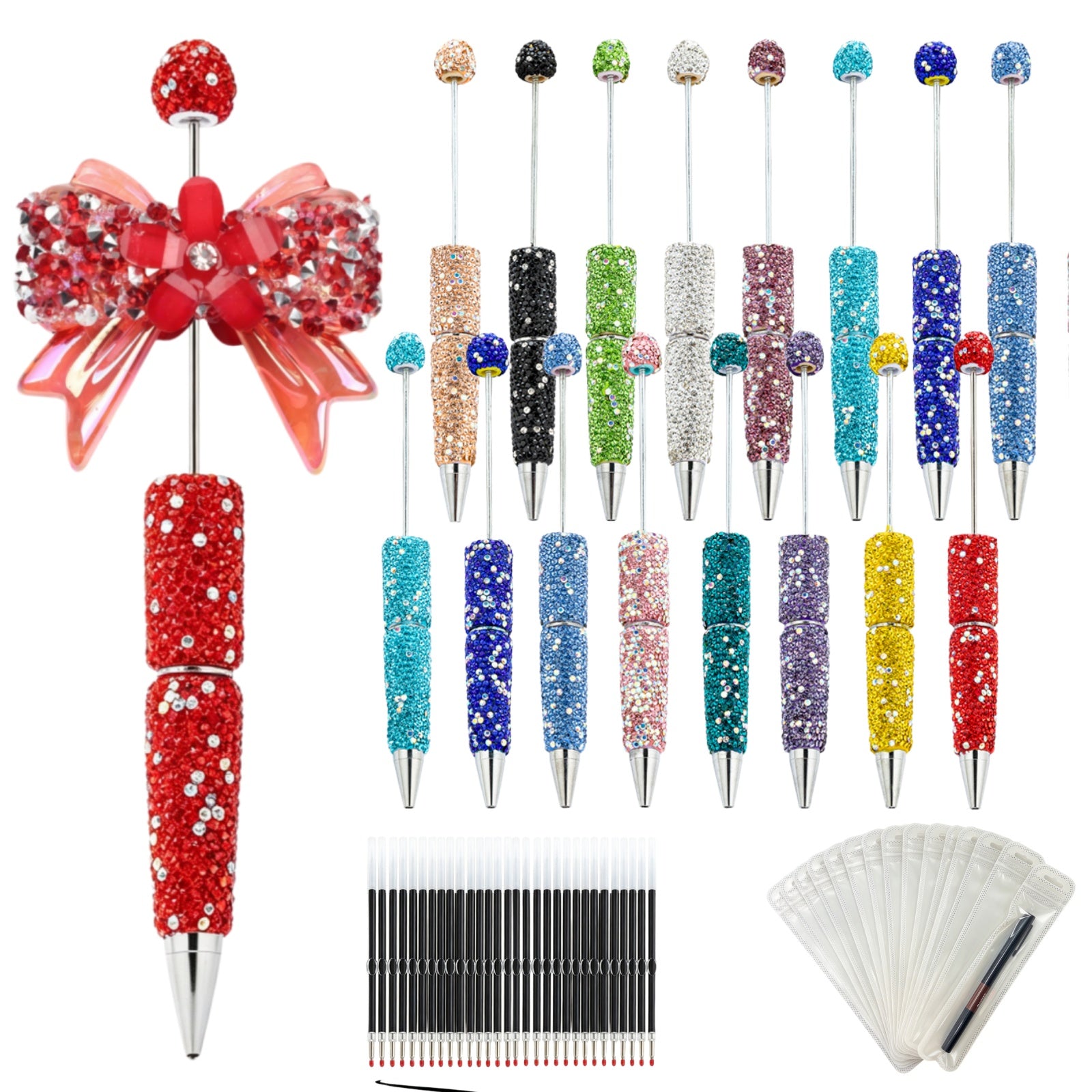 48-piece AB rhinestone beadable pen kit with 16 glitter pens, 16 black refills and 16 storage pouches complete set