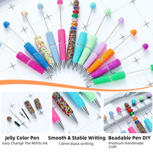 Flat lay of 48-piece beadable pen kit showing 16 fluorescent rhinestone pens, 16 black ink refills, and 16 storage pouches