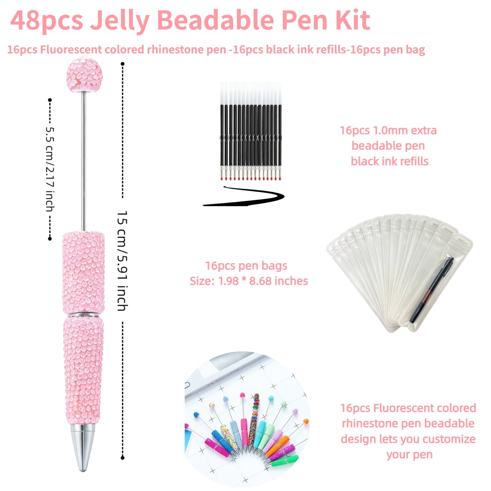 Product specifications chart for 48-piece beadable pen kit showing 16 fluorescent pens, 16 refills, and 16 pouches