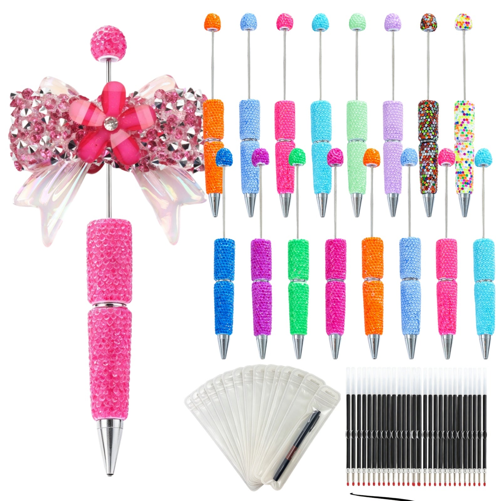 48-piece jelly beadable rhinestone pen kit with fluorescent pens, black refills, and matching storage pouches complete set