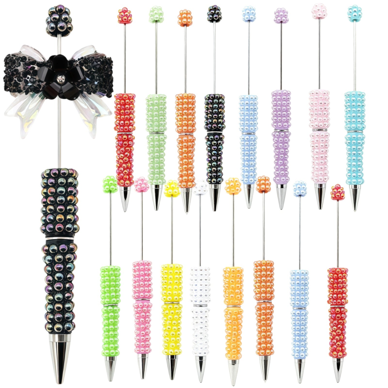 48-piece pearl rhinestone beadable pen kit with 16 pearl-gloss pens, 16 black refills and 16 storage pouches complete set