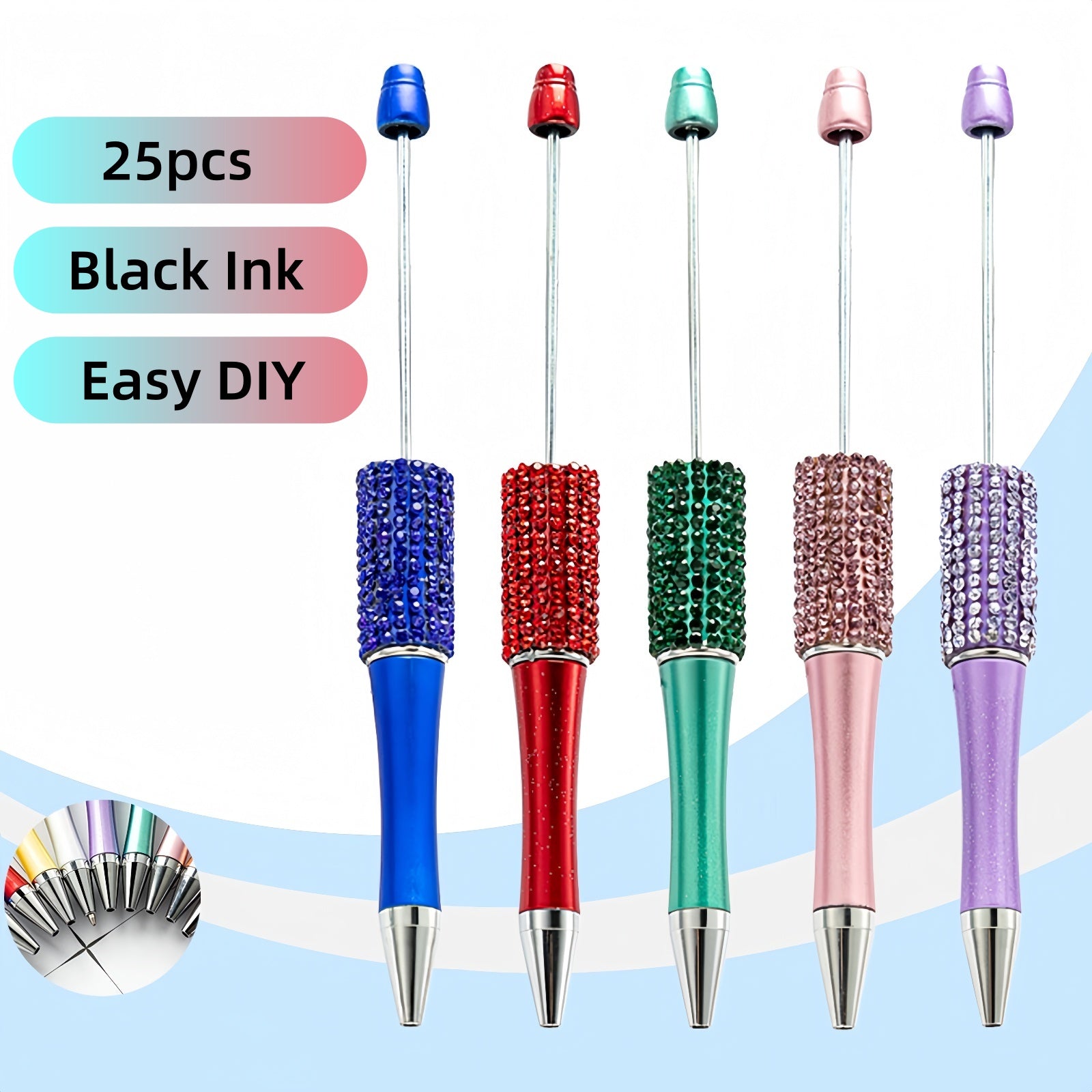 DIY craft activity with colorful beadable pens, beads, and charms for creative customization
