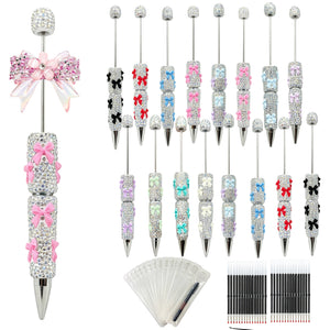 48-piece AB rhinestone bow beadable pen kit with 16 sparkle pens, 16 refills and 16 storage bags complete set