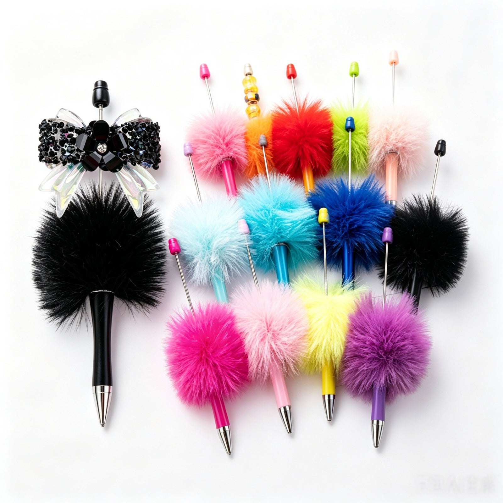 75-piece pom-pom beadable pen kit with 25 fluffy pens black refills and storage bags complete set