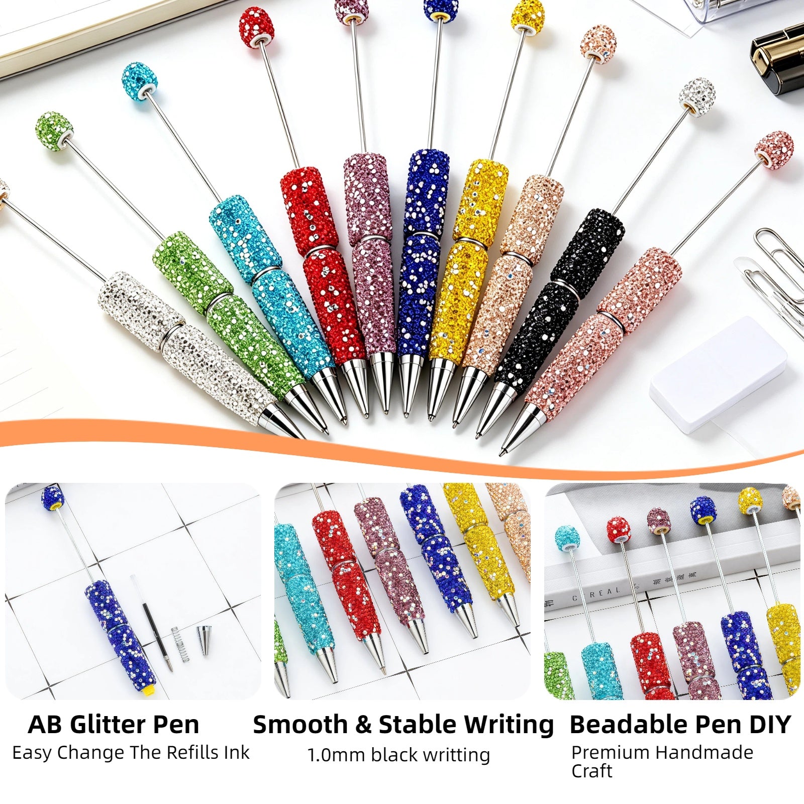 Set of AB rhinestone glitter pens in multiple iridescent colors including pink purple blue and gold