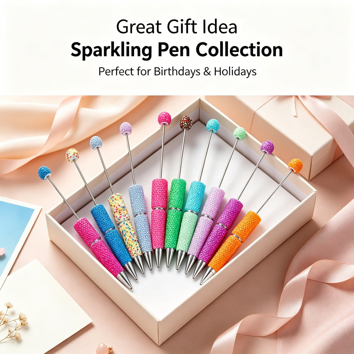 Beadable pen kit presented as teacher appreciation gift with colorful rhinestone pens in storage pouches
