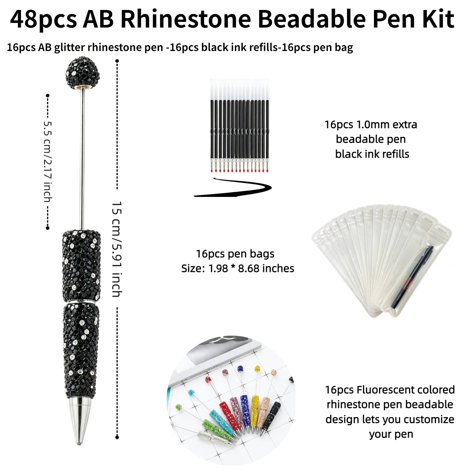 Close-up of AB rhinestone pen barrel showing rainbow iridescent Aurora Borealis sparkle and shine