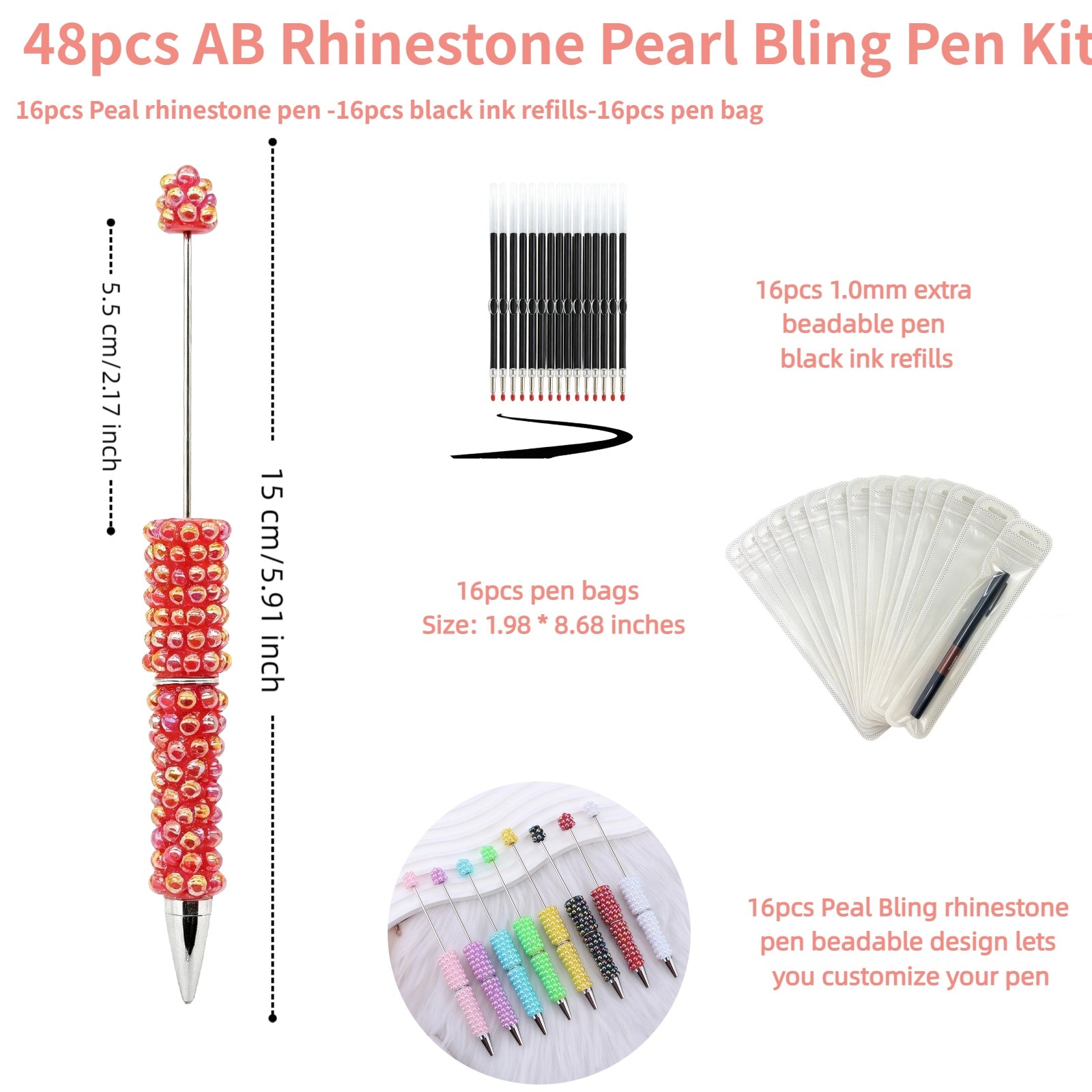 Close-up of pearl rhinestone pen barrel showing soft luminous pearl sheen and decorative rhinestone topper detail