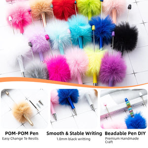 Close-up of fluffy pom-pom pen top showing soft texture and vibrant color details