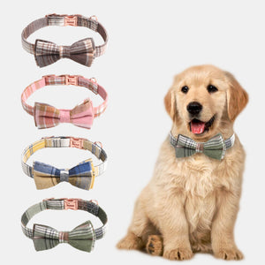 Cotton plaid bow tie dog collar with rose gold quick-release buckle adjustable for small medium and large dogs