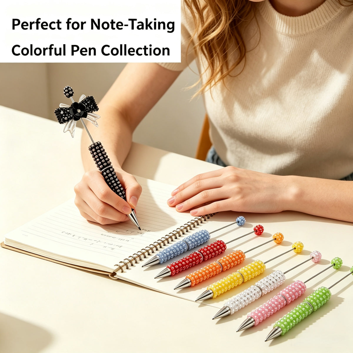 DIY beaded pearl rhinestone pen decorated with colorful beads and charms inserted into hollow barrel