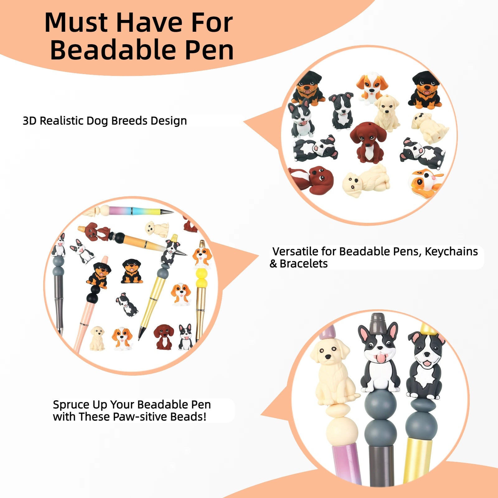 Six unique puppy bead designs including sitting standing and playful poses in assorted colors