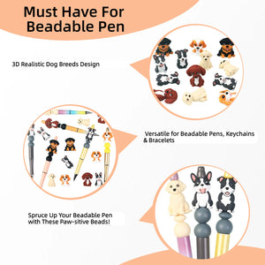 Six unique puppy bead designs including sitting standing and playful poses in assorted colors