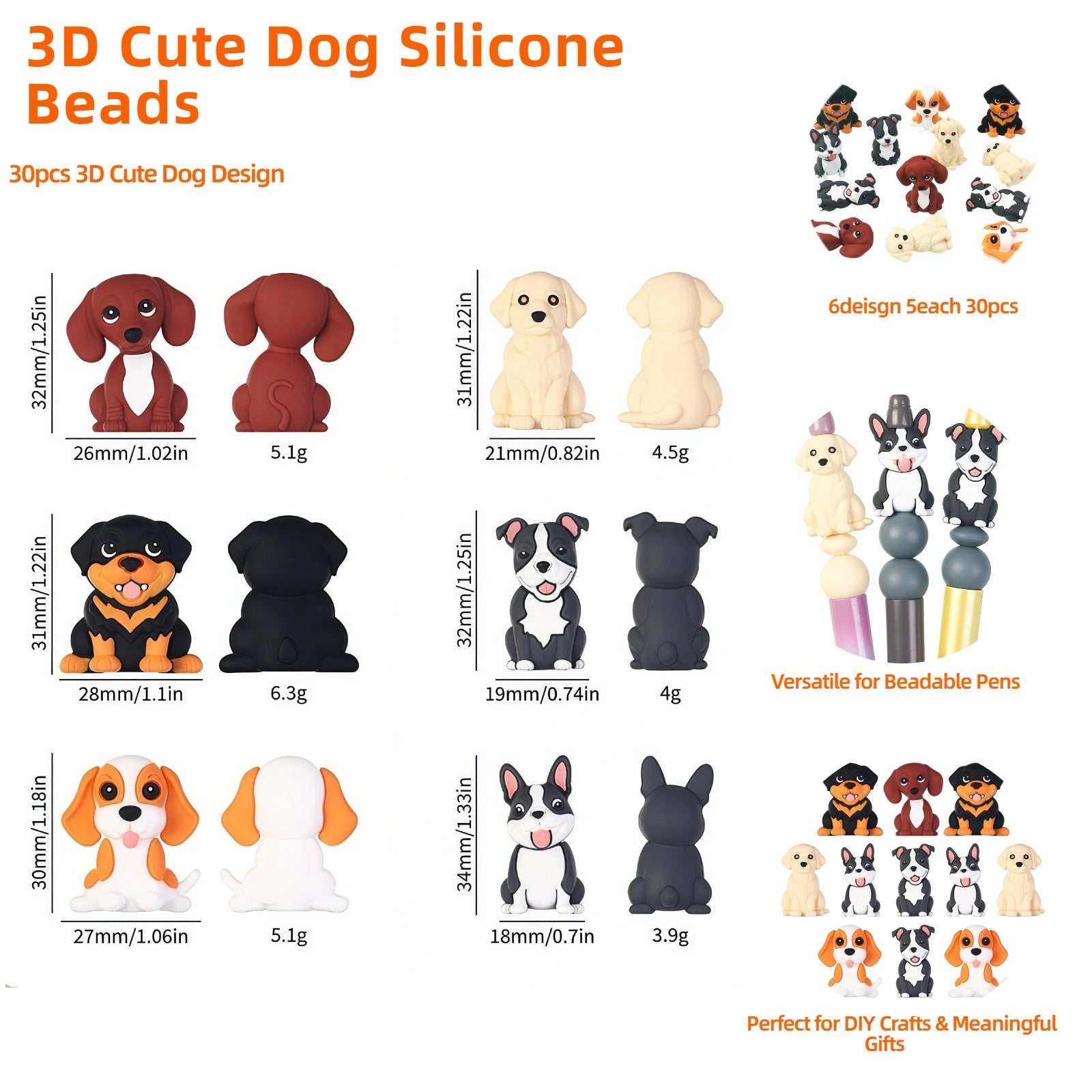3D dog silicone beads used for keychains bracelets and bag charms showing versatile DIY applications