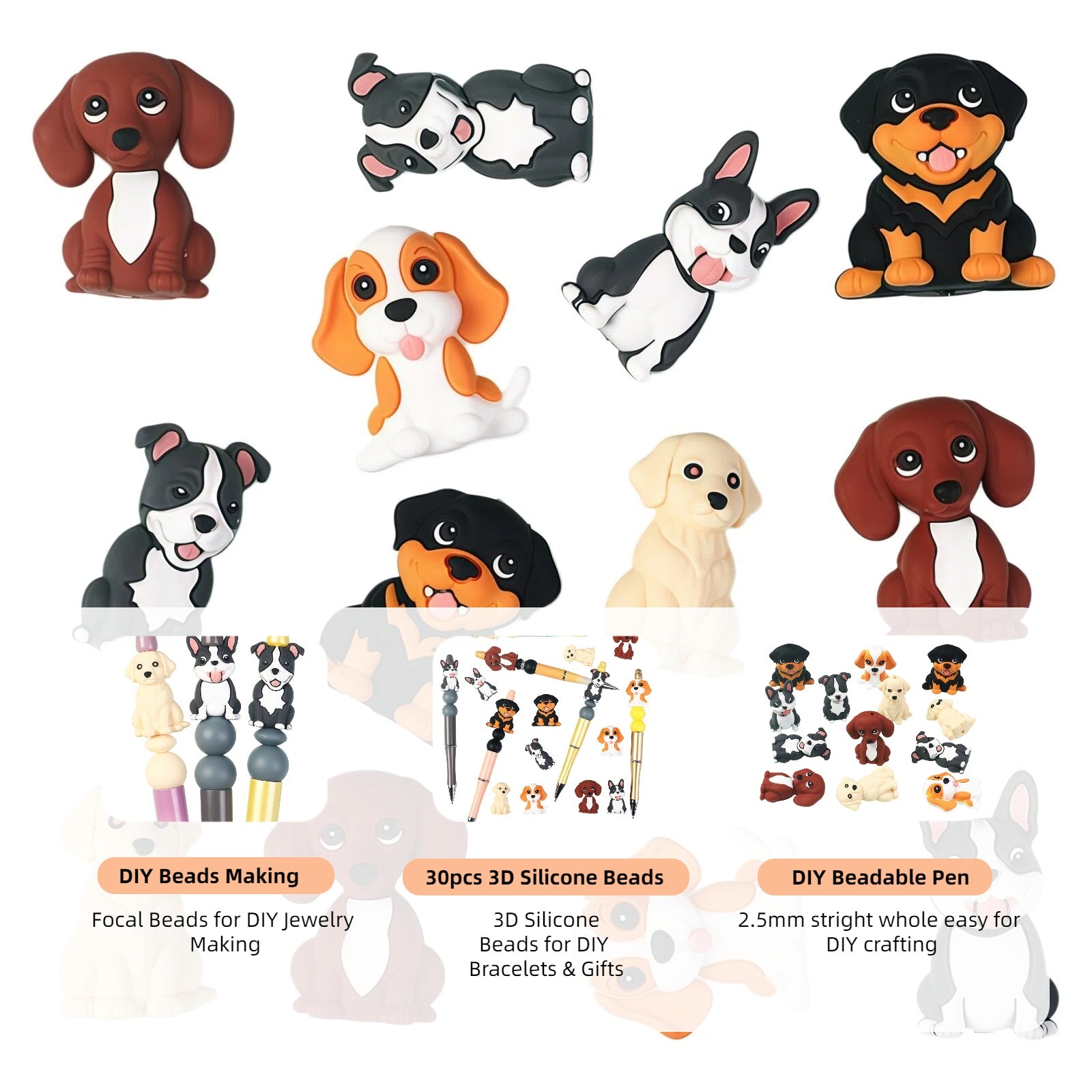 3D dog silicone beads decorated on beadable pen showing perfect fit for standard pen rods
