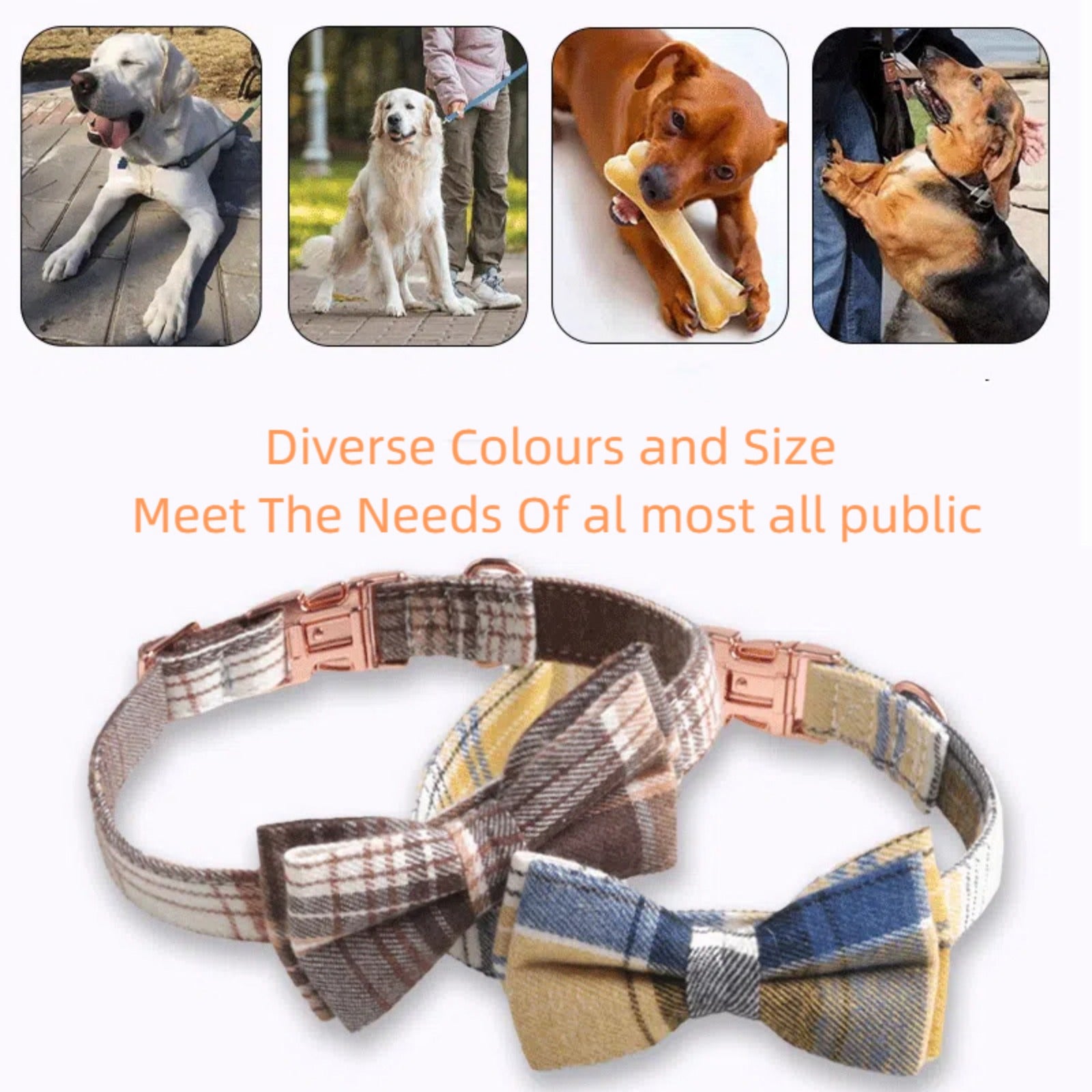 Hand-sewn bow tie detail on cotton plaid dog collar with stylish pattern and fabric texture
