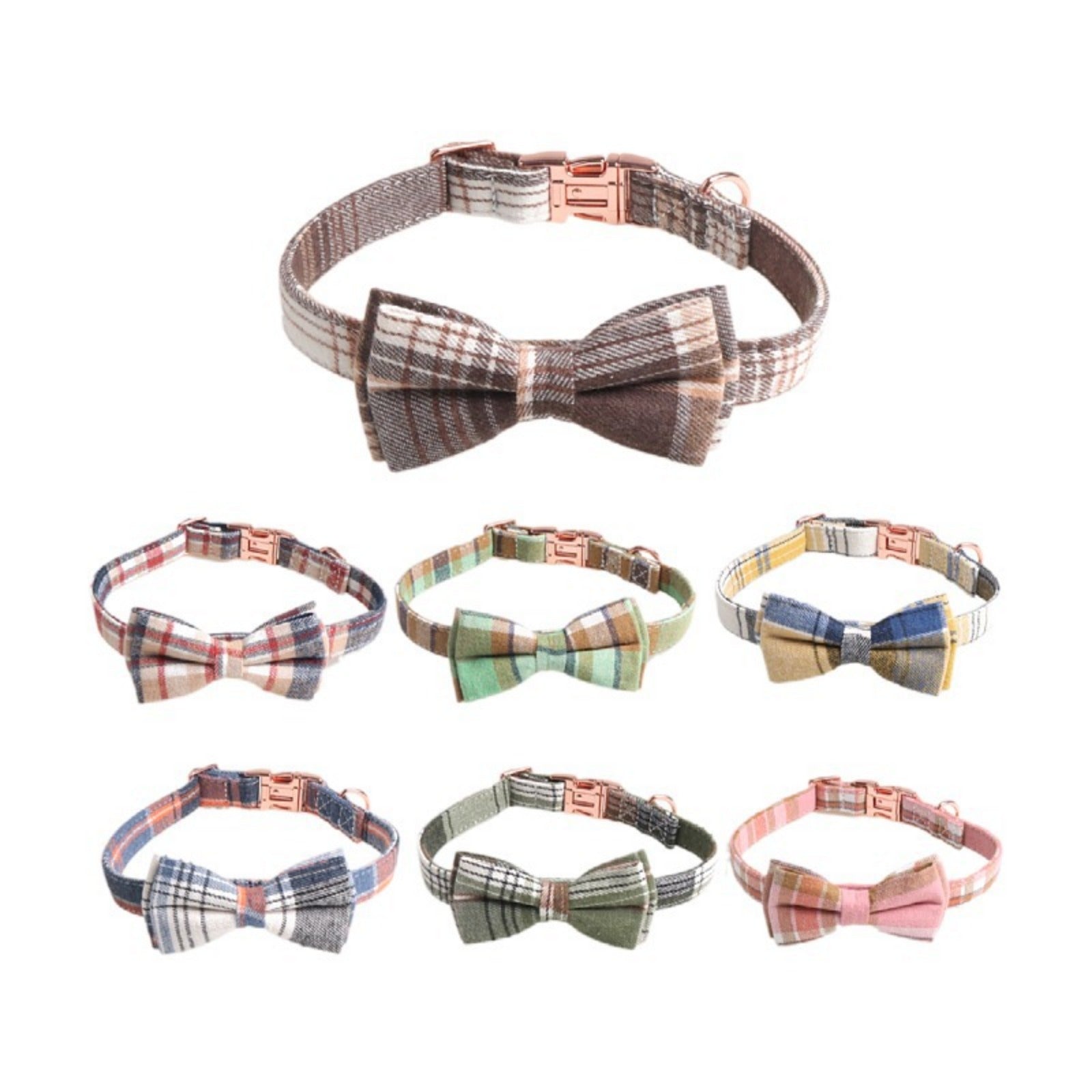Small dog wearing cotton plaid bow tie collar looking stylish and comfortable