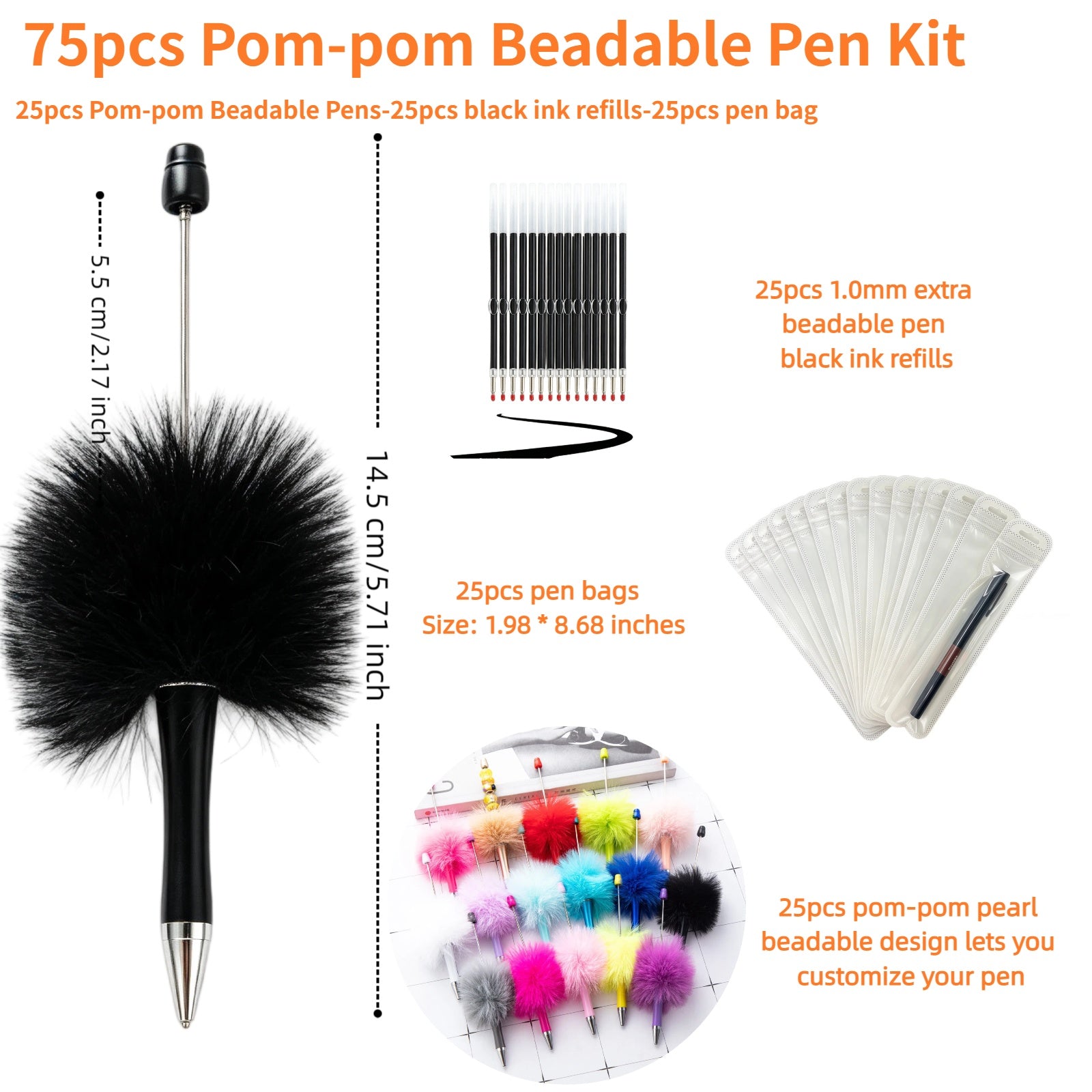Colorful fluffy pom-pom pens in assorted bright colors with soft textured tops