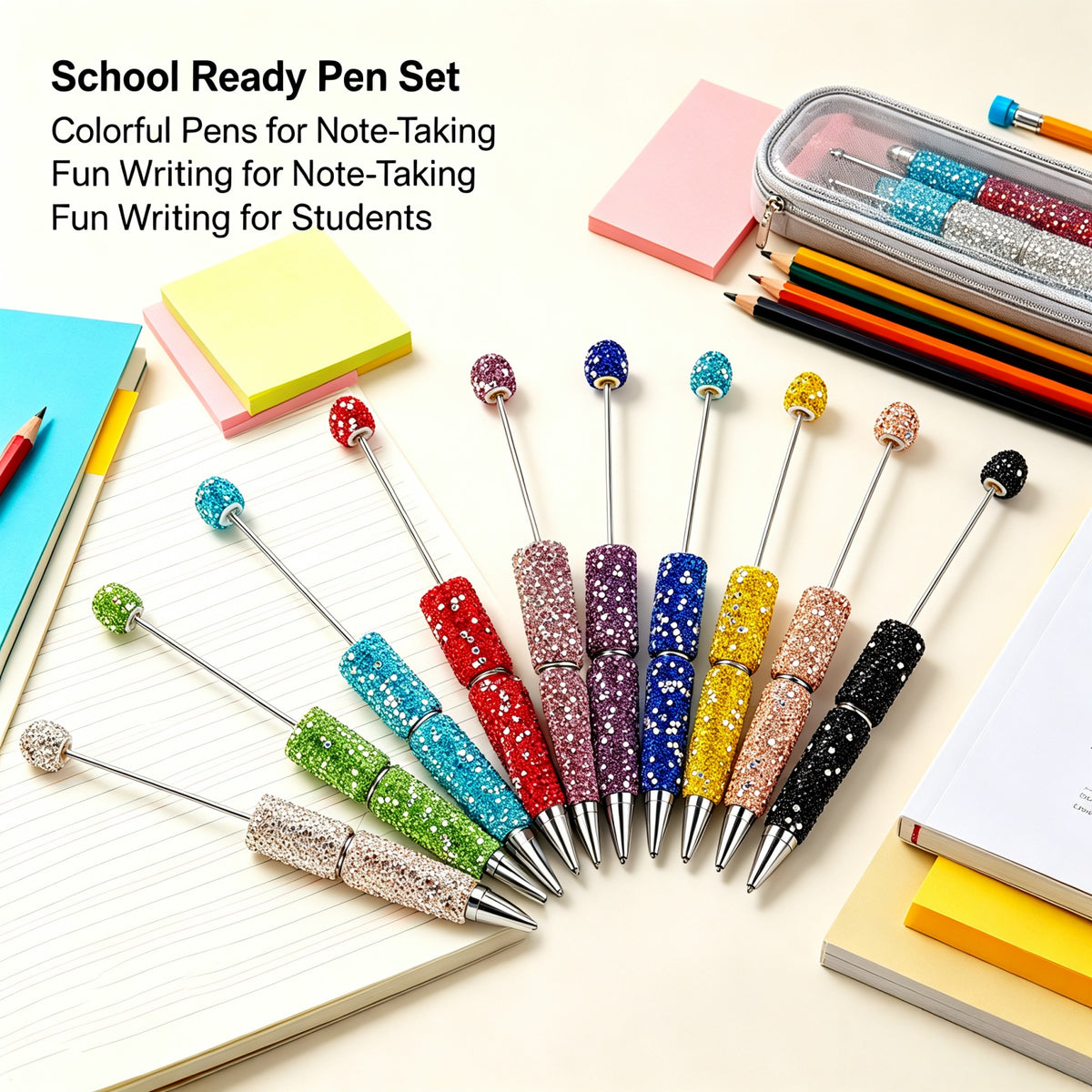 Hollow beadable barrel on AB rhinestone pen showing DIY customization feature for beads and charms