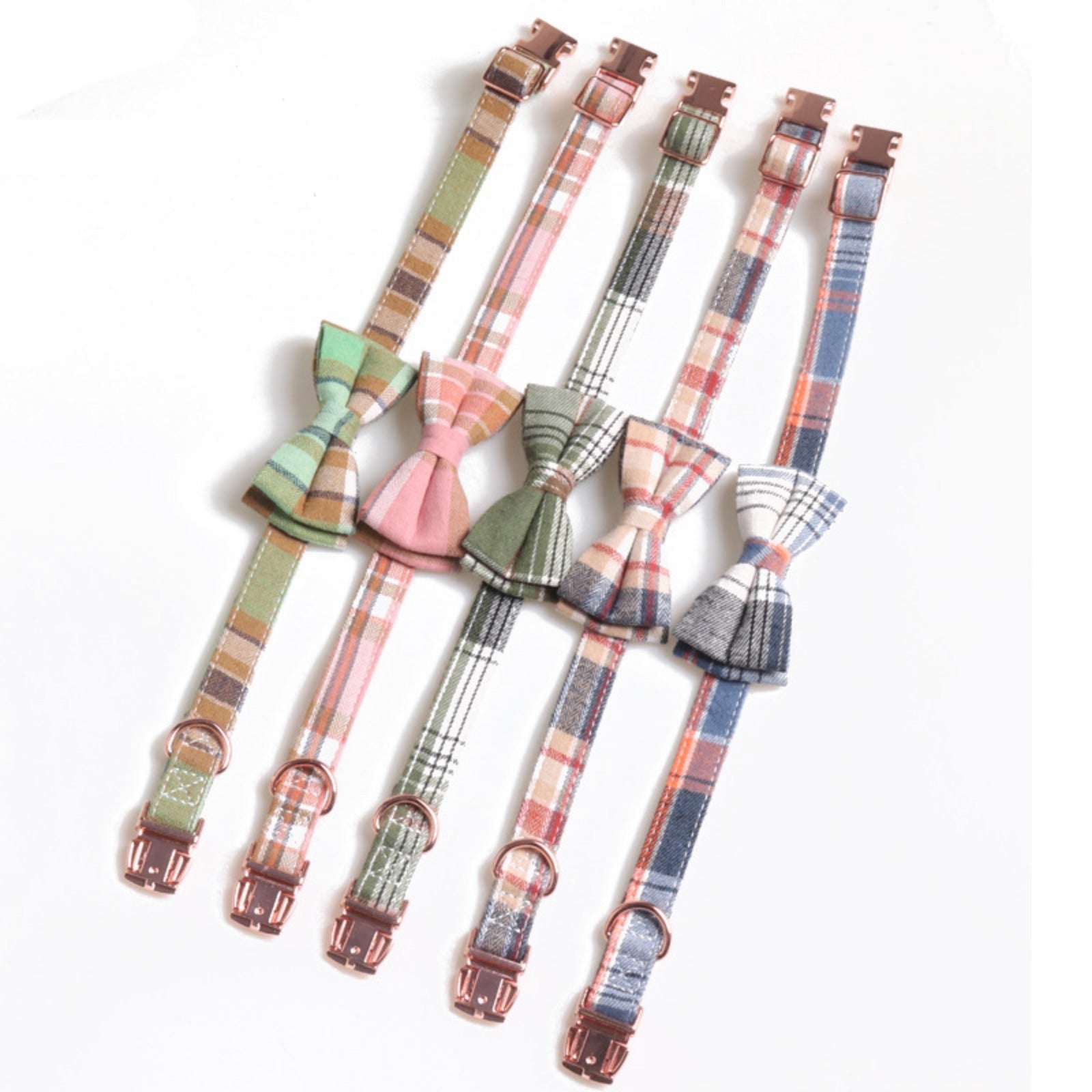 Plaid dog collar color variations including white brown gray orange and green brown patterns