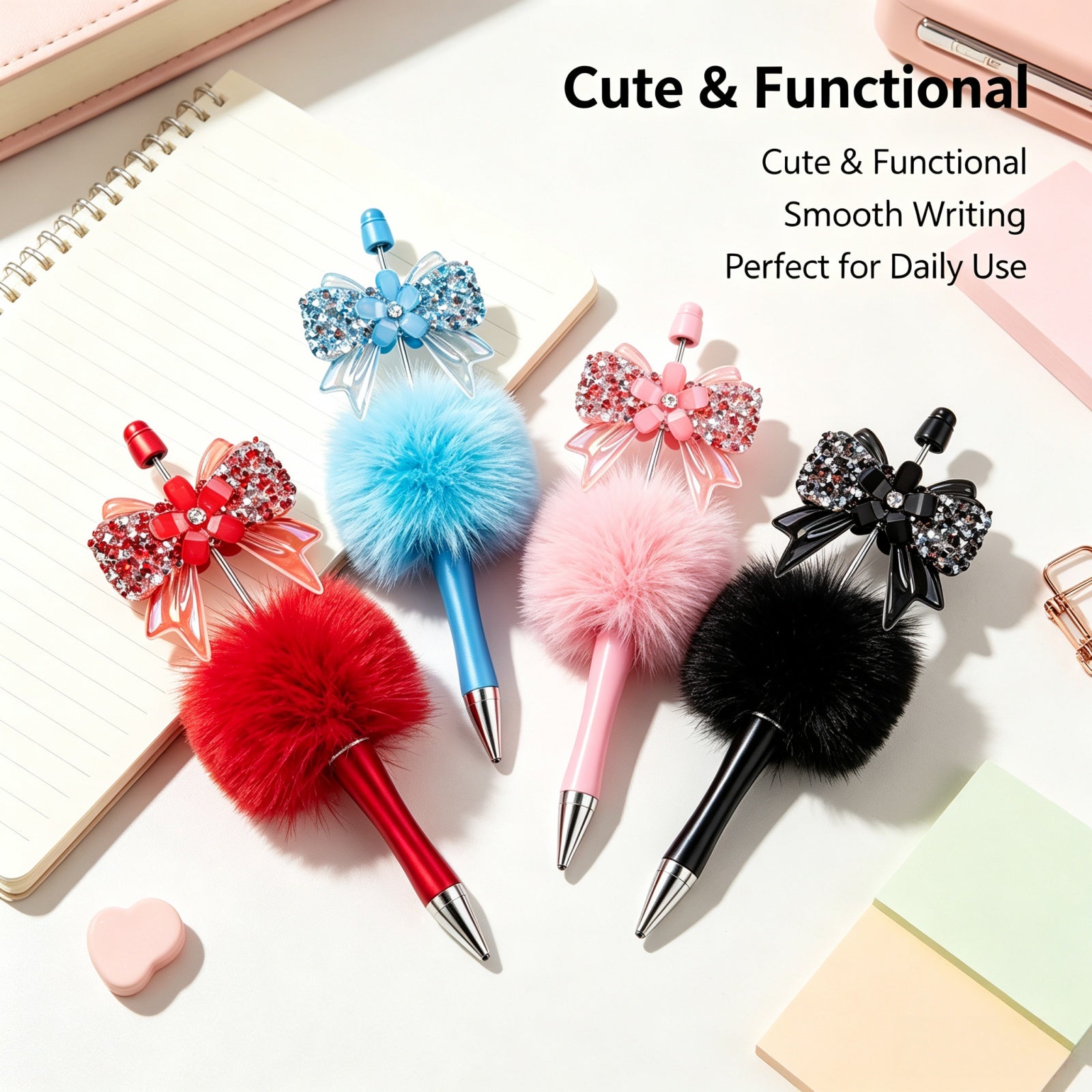 Hollow beadable barrel on pom-pom pen for DIY customization with beads and charms