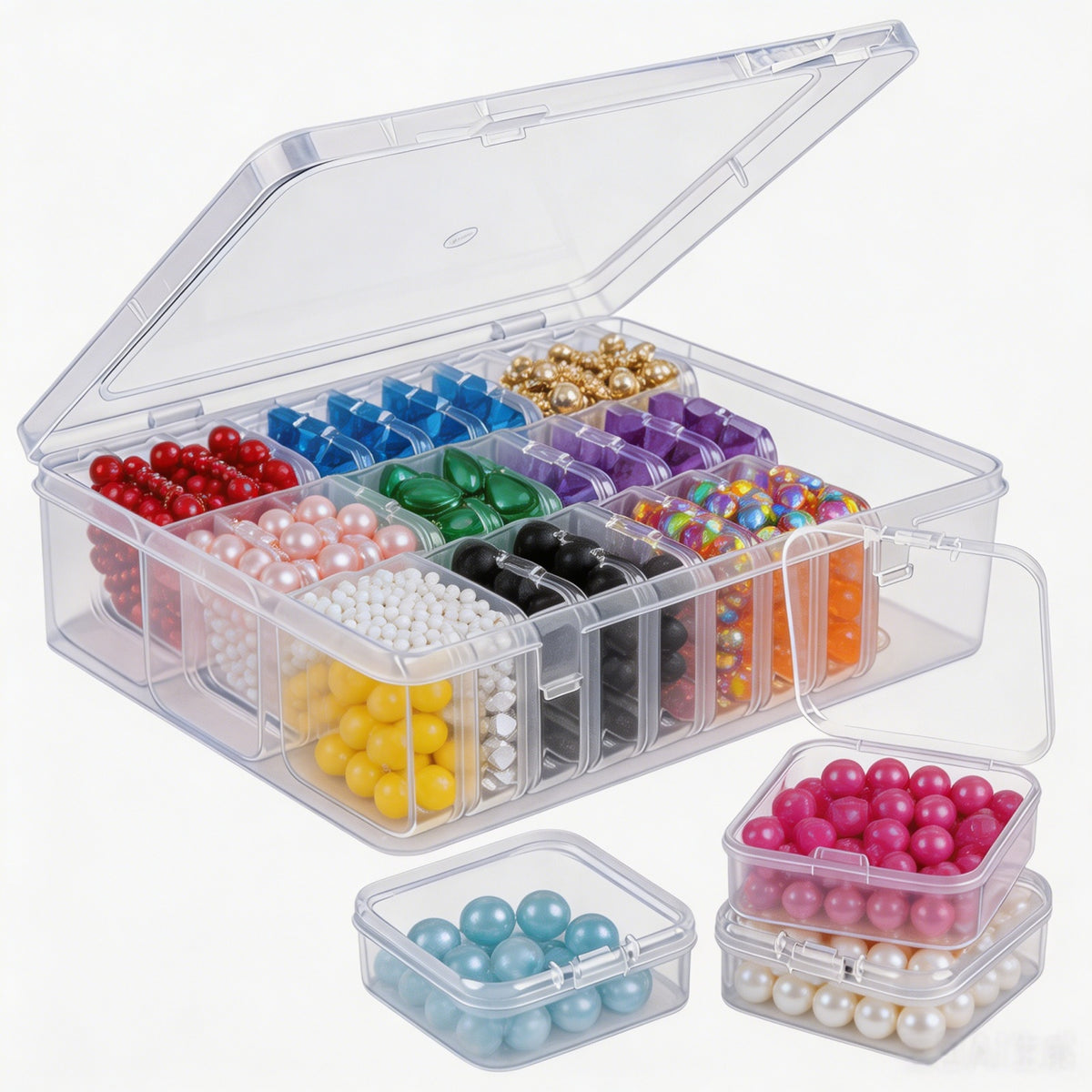 Interior compartments of storage case with adjustable dividers for organizing small parts beads and jewelry