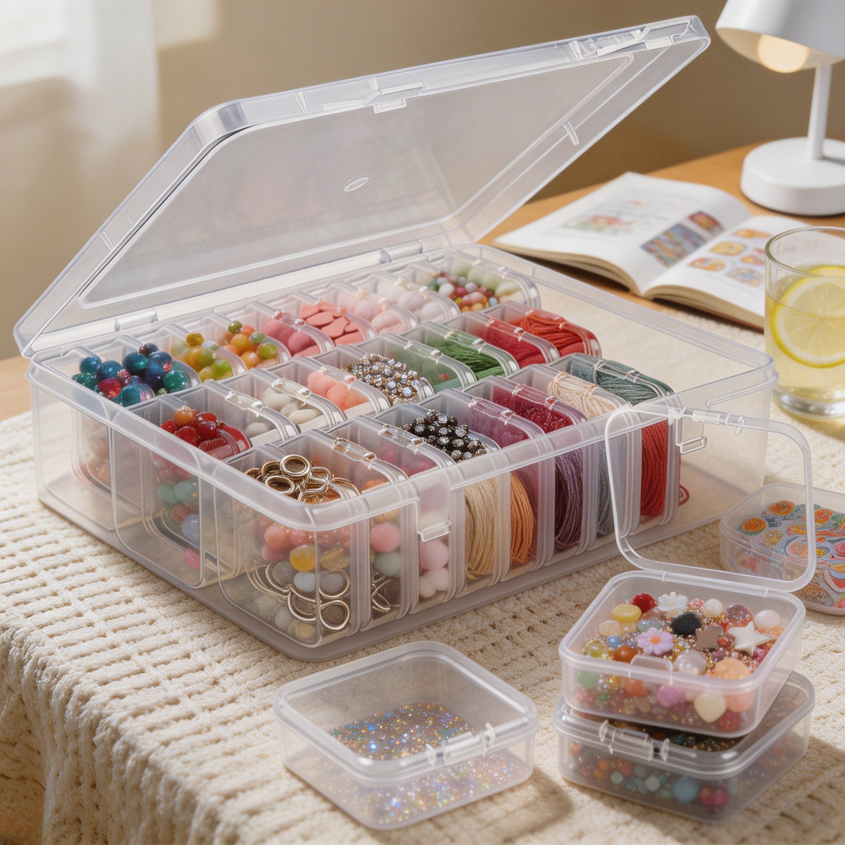 Storage organizer filled with colorful beads and jewelry supplies neatly arranged in compartments